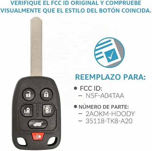 Vista 4 de Keyless2Go Reemplazo para llave de coche de 6 botones de entrada sin llave para Honda Odyssey N5F-A04TAA 35118-TK8-A20