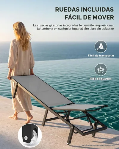 Vista 3 de Sillón para exteriores con ruedas, silla de aluminio para exteriores con 5 respaldos ajustables, fácil de mover, sillas de piscina para patio, junto