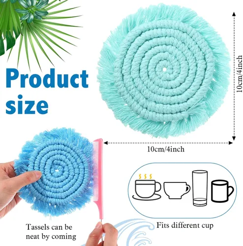 Vista 2 de FoldTier 6 posavasos para bebidas, absorbentes de algodón, estilo bohemio, tejidos, estilo granja, con borlas, macramé, con soporte, regalo