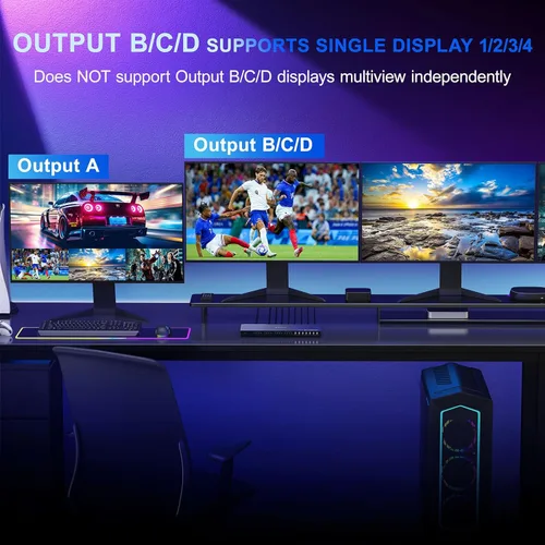 Vista 4 de Interruptor multivisor HDMI 4K 4x4 con PIP, PORTTA Quad Multi Viewer Conmutador sin costuras 4 en 4 salidas con Toslink, salida de audio de 0.138 in