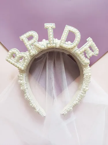 Vista 5 de MapleLeaf Diadema de novia, elegante diadema de perlas con velo, corona de boda, velo de boda de fiesta de compromiso, despedida de soltera