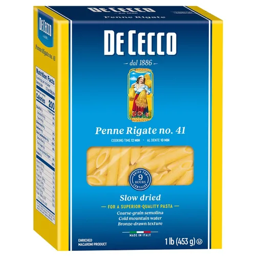 De Cecco Penne Rigate No. 41 - Pasta de 16 onzas (paquete de 12), auténtica, de secado lento, hecha con trigo duro, pasta versátil para salsas y