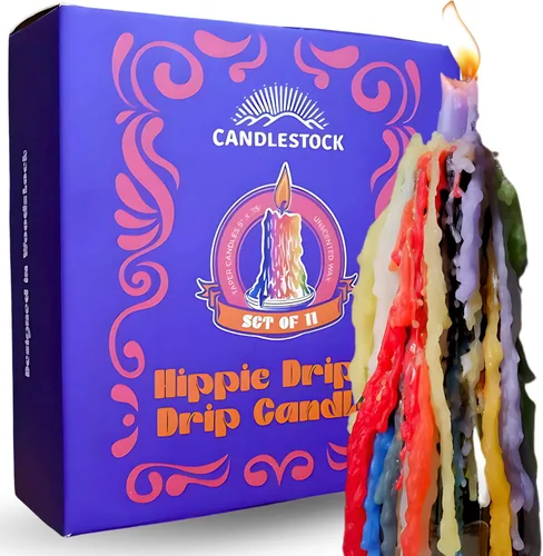 Vista 19 de Candlestock Hippie Drippy - Velas de goteo – Paquete de 11 velas cónicas de goteo – Velas de fusión de botella de vino (1 de cada color)