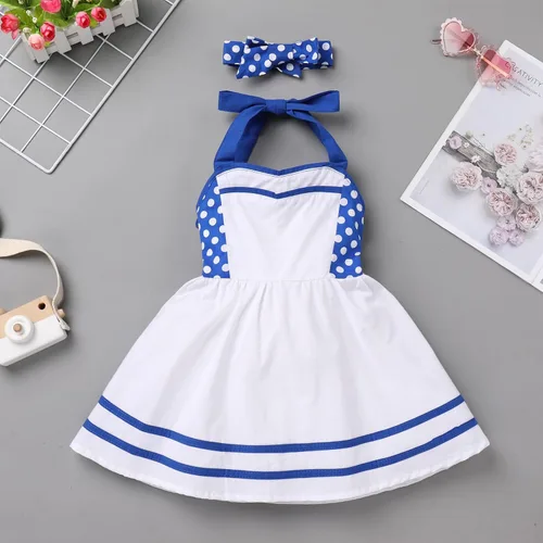 Vista 3 de Vestido de cuadros rosa para niña con sombrero, azul y blanco, a lunares, vestido de princesa