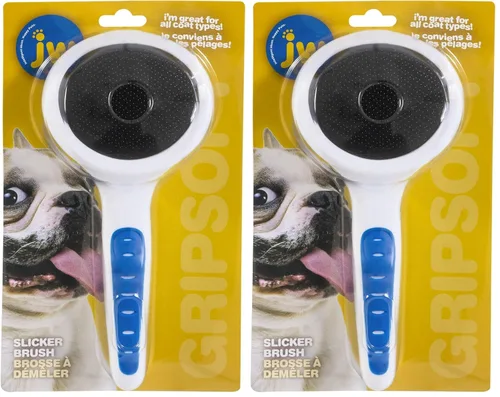 Vista 7 de JW Pet Gripsoft Slicker Cepillo con agarre de goma antideslizante (dientes de acero inoxidable), cepillo de aseo para perros, colores surtidos