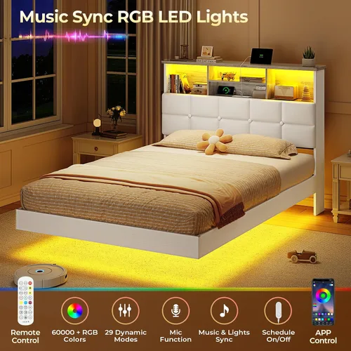 Vista 6 de VIAGDO Base de cama flotante tamaño Twin con cabecera y almacenamiento, base de cama tapizada de plataforma Twin con estación de carga USB y Tipo C