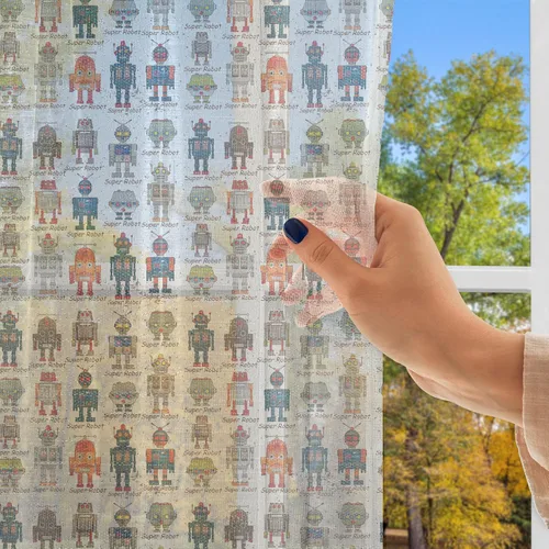 Vista 3 de Ambesonne Robot Tulle Curtains with Rod Pocket, Various Different Super Robot Set in Cartoon Style Fantasy Futuristic Machine, Sheer Drape for