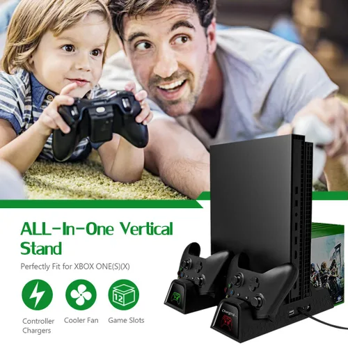 Vista 7 de Soporte de refrigeración para Xbox OneOne SOne X, estación de carga vertical CTPOWER con 2 baterías de 600 mAh, almacenamiento de juegos, estación