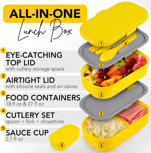 Vista 41 de Lonchera Bento apilable aislada para adultos con palillos reutilizables, lonchera japonesa apta para microondas y a prueba de fugas, para hombres