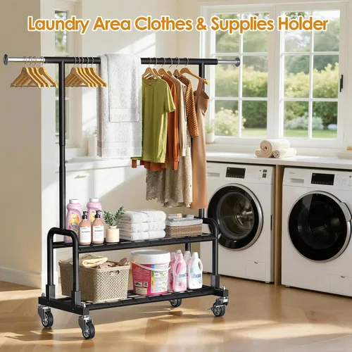 Vista 8 de Luxspire Perchero de ropa resistente, con carga de 600 libras, percheros con ruedas resistentes y estantes de 2 niveles, perchero ajustable