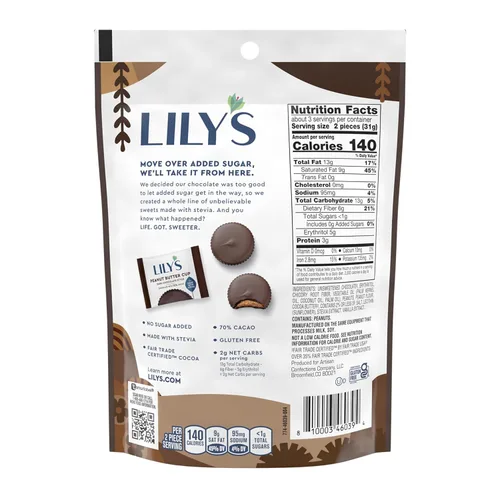 Vista 2 de LILY'S Tazas de mantequilla de maní estilo chocolate negro sin azúcar añadido, bolsas de dulces, 3.2 onzas (3 unidades)