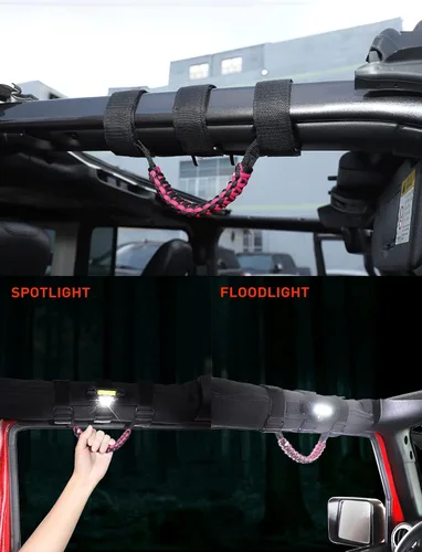 Vista 6 de Savadicar - 2 asas de agarre para barra antivuelco con luz LED, asas de agarre para vehículo, accesorios de interior, color rosa