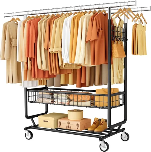 Vista 10 de Perchero de ropa resistente con carga de 530 libras, perchero de metal para colgar 200 piezas de ropa sobre ruedas, plegable, portátil y ajustable