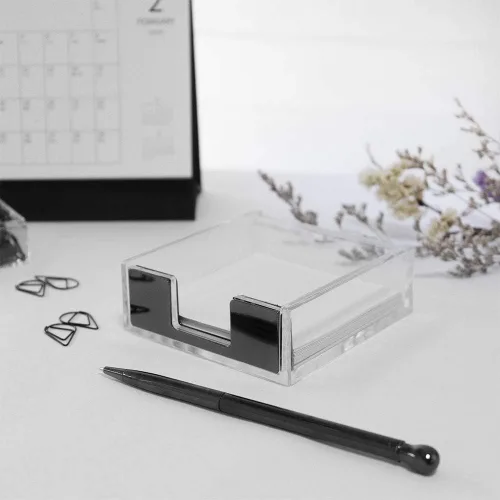 Vista 3 de Soporte de notas adhesivas de acrílico, organizador de escritorio, decoración para notas adhesivas de 3x3 (negro)