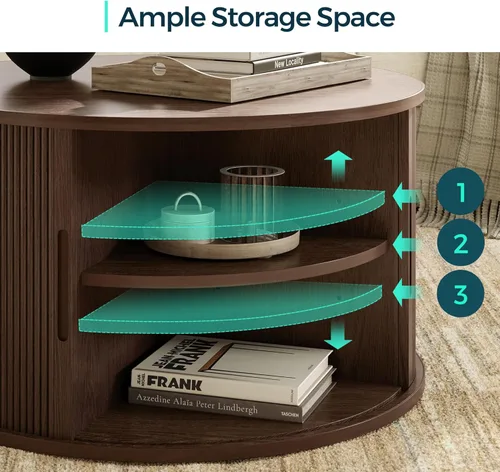 Vista 31 de LINSY HOME Mesa auxiliar redonda, mesa de centro de tambor de 31.5 pulgadas con puerta corrediza de tambor, mesa central acanalada con Roble