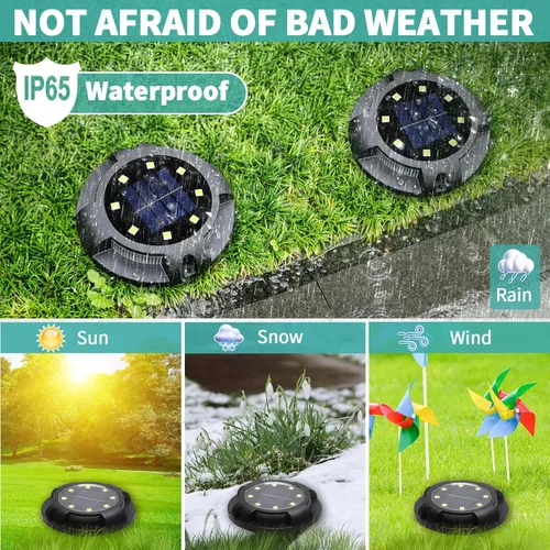 Vista 4 de Luces solares de tierra, paquete de 8 luces LED de disco solar para exteriores, impermeables, iluminación de paisaje en el suelo para jardín