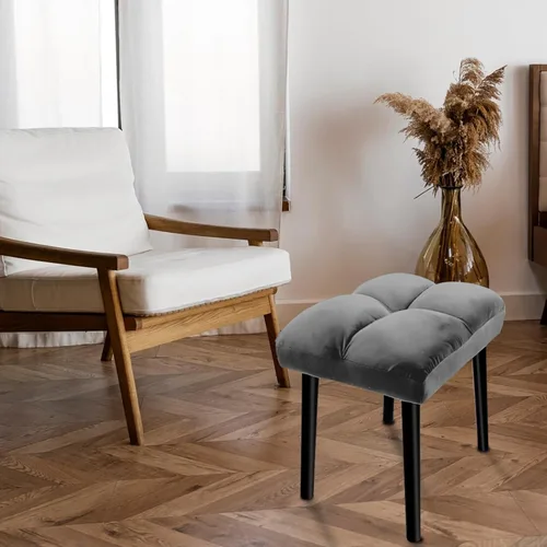 Vista 14 de HOUCHICS Taburete otomano negro, taburete cuadrado de maquillaje con patas de madera, taburetes otomanos pequeños para tocador, taburete acolchado