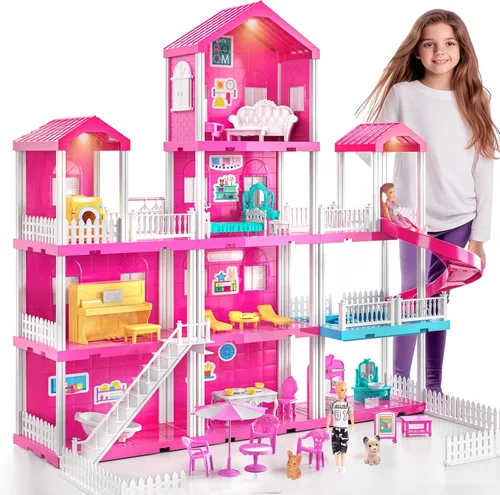JUKUDAHU Conjunto de Villa Rosa para Niñas de 3 a 7 años, Casa de 4 Pisos y 10 Habitaciones con 2 Muñecas, Muebles y Accesorios, Juguete de