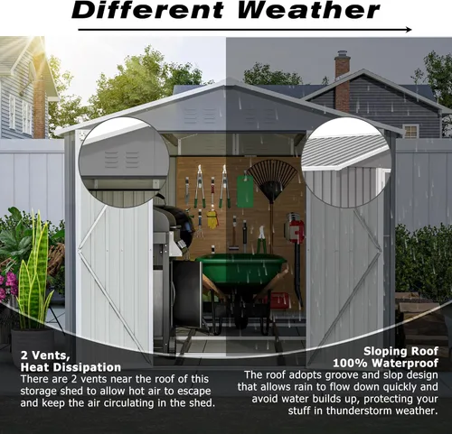 Vista 4 de Cobertizo de almacenamiento de metal resistente de 8 x 12 pies, puertas con doble cerradura, marco de suelo impermeable y protección para todo tipo