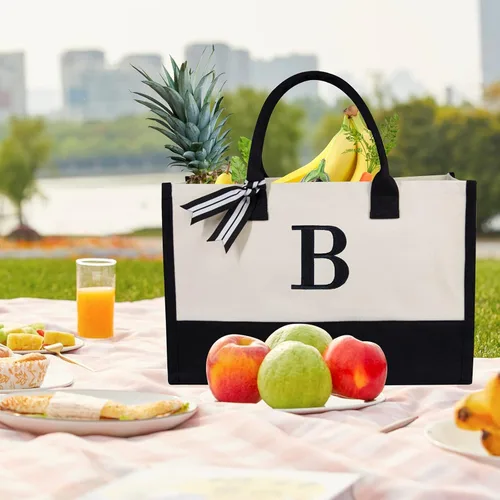 Vista 4 de TOPDesign - Bolso de playa de lona con inicial personalizada, bolsa de regalo con monograma, para mujer