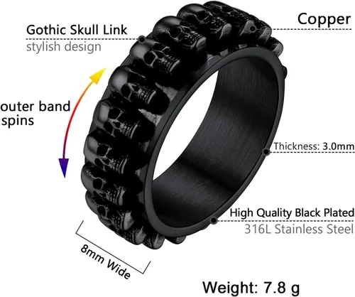 Vista 3 de U7 Skull Ring, Skeleton Ring, Biker Ring for Cocktail Party, Gothic Fashion Rings with Skull, Size 7-14,StainlessBlackGold