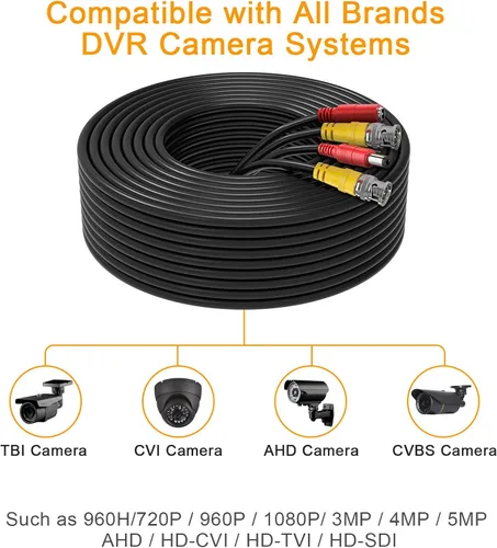 Vista 5 de Cable Bnc todo en uno de 200 pies para cámara de seguridad siamesa y video siamés, cable de extensión con 2 conectores hembra para todos los Negro