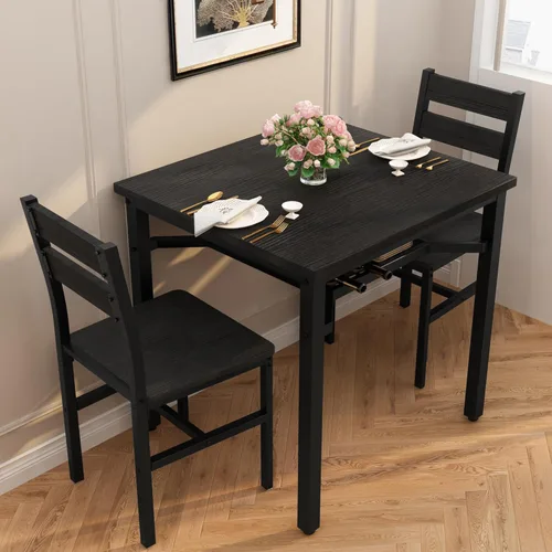 Vista 3 de Hooseng juego de mesa de comedor de 3 piezas para 2, pequeña mesa de cocina de madera con almacenamiento, juego de comedor cuadrado de estilo granja