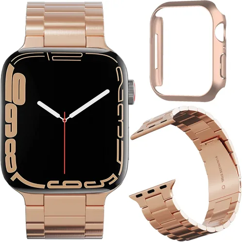 Vista 8 de Miimall Compatible con Apple Watch Series 9/8/7 de 1.614 in, correas de acero inoxidable con carcasas, funda delgada y rígida de policarbonato