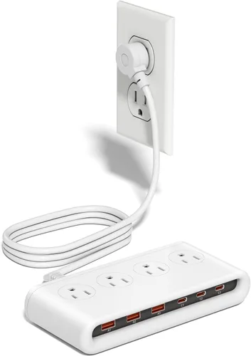 Vista 8 de Regleta de alimentación con USB C de 35 W, cargador de pared de enchufe plano 10 en 1, cable de extensión de 5 pies con 4 CA, 3 USB A y 3 USB C