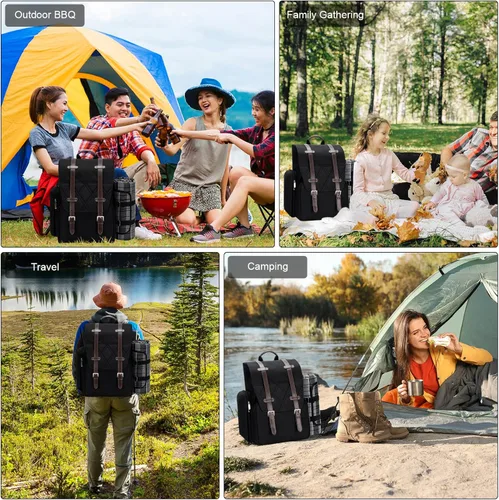 Vista 7 de Mochila de picnic para 2 personas con gran bolsa enfriadora aislada, juego de cesta de picnic con bolsa para vino, manta de picnic impermeable