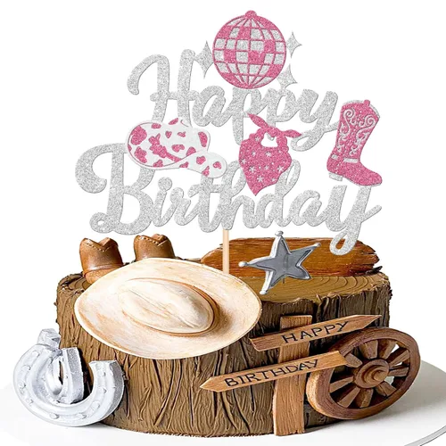 Vista 8 de 40 piezas de decoraciones para cupcakes de vaquera de doble cara con herradura, cactus, sombrero y bota, palillos para cupcakes, bola de discoteca
