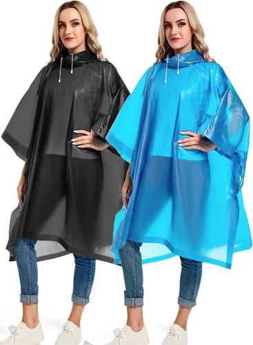 Vista 24 de Ponchos de lluvia reutilizables con capucha con cordón para adultos, abrigo de lluvia grueso impermeable, 2 paquetes Blanco 2 piezas (White (2-Pack))
