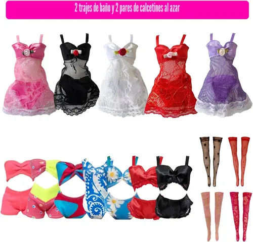 Vista 6 de 19 piezas de ropa y accesorios para muñecas de 11.5 pulgadas, conjunto aleatorio de 3 elegantes vestidos, 4 tops, 4 pantalones, 3 vestidos de noche