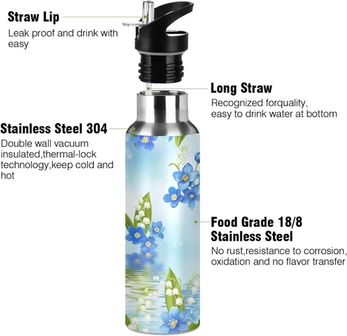 Vista 3 de Blue White Flowers Stainless Steel Water Bottle 20 Oz Leakproof Water Bottles, BPA-Free Sport Water Bottle Insulated