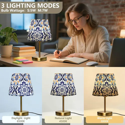 Vista 4 de Blue and White Retro Patterns Table Lamps 3 Way Dimmable Modern Lamps with Stylish Shade for Farmhouse Home Office Decor, Metal Base lampara de mesa