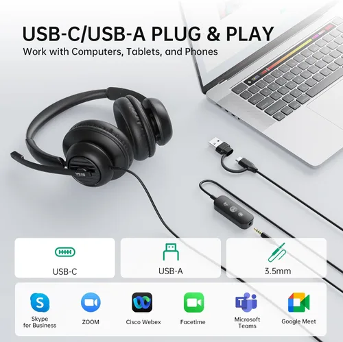 Vista 5 de EKSA H8 - Auriculares USB con micrófono para trabajo, auriculares estéreo con cable para computadora con cancelación de ruido, controles en línea