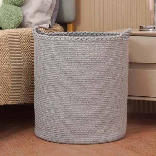 Vista 14 de Canasta de lavandería tejida de 58L, canasta alta de lavandería de algodón para mantas, ropa, almohadas, juguetes, zapatos, gran cesta de lavandería