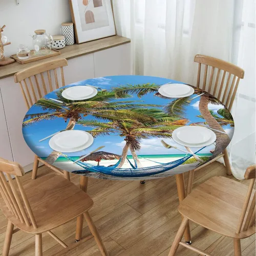 Vista 6 de Cubierta redonda con diseño de playa, borde elástico, picnic al aire libre, patio, fiesta o comedor interior, decoración de mesas de comedor, azul