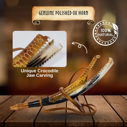 Vista 3 de Corneta vikinga soplada con soporte, cuerno de guerra de cuerno de buey tallado a mano con diseño de cabeza de dragón y correa de cuero, accesorio