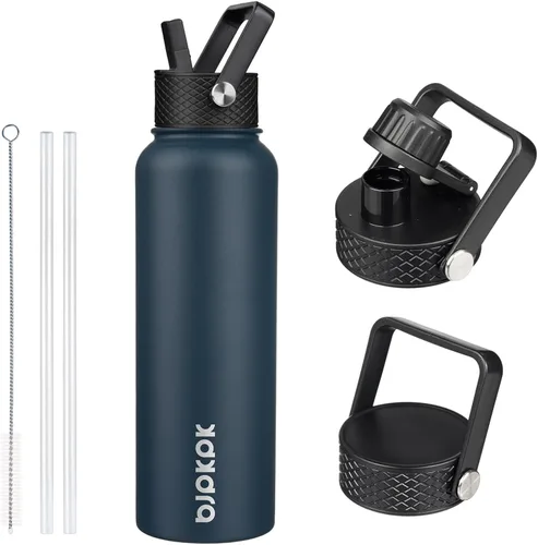 Vista 60 de BJPKPK - Botellas de agua aisladas con tapa de popote, botellas de agua de acero inoxidable de 40 onzas con 3 tapas, termo a prueba de fugas sin