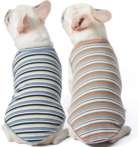 Camisas para perros, chaleco de algodón a rayas, ropa elástica sin mangas para perros pequeños, paquete de 2 camisetas suaves y transpirables para