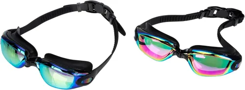 GANAZONO 2pcs Professional Swimming Goggles Wear-resistant Swim Glasses with Anti-fog Lenses Black Iridescent and Black Red Coating for Adults Pool