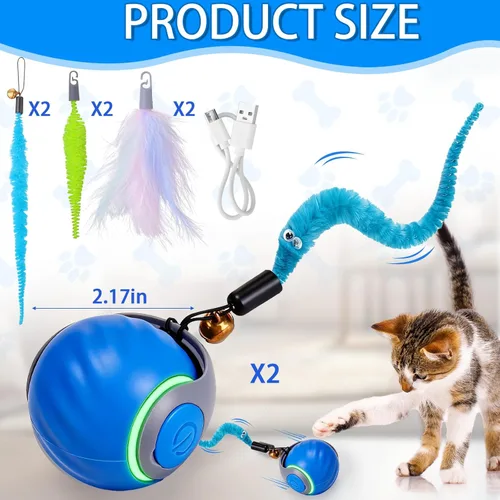 Vista 5 de BABORUI Paquete de 2 bolas interactivas azules de juguete para gatos, juguetes interactivos automáticos para gatos de interior con 3 colas, 2