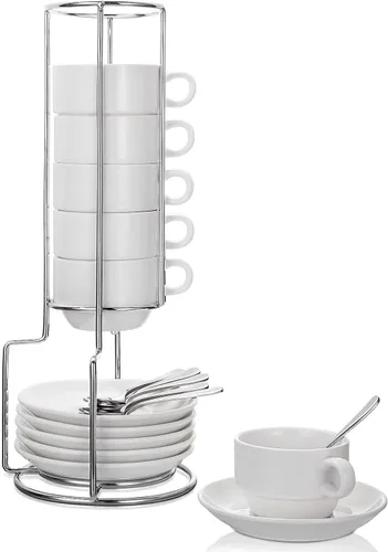 AOZITA Tazas y platillos de espresso con cucharas, soporte, tazas apilables de porcelana de 19 piezas, tazas Demitasse de 2.5 onzas para Latte, Café
