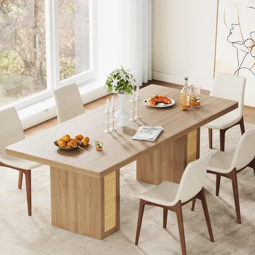 Vista 9 de LIKIMIO Mesa de comedor de granja de 78.7 pulgadas para 6-8 personas, parte superior de madera extra gruesa con 2 cajones de almacenamiento Blanco