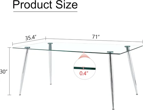 Vista 2 de A 71"x35.4" Heat Resistant Clear Tempered Glass Dining Table with Silver Metal Legs