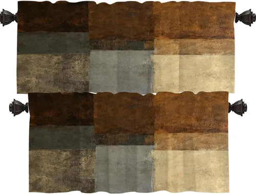 Vista 108 de Shrahala Beige and Orange Abstract Art Brushstrokes Tier Curtains for Kitchen Windows, Abstract Oil Paint Cafe Curtain Multilayer Polyester Blackout