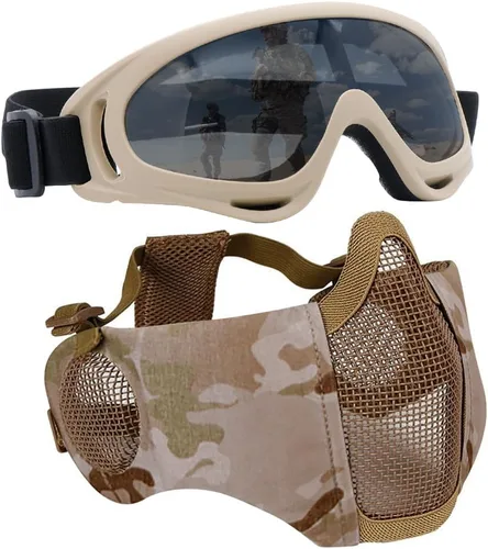 Vista 13 de Máscara de Airsoft con Gafas, Máscara de Malla Plegable de Media Cara con Protección para los Oídos para Paintball, Tiro, Cosplay, Juego CS