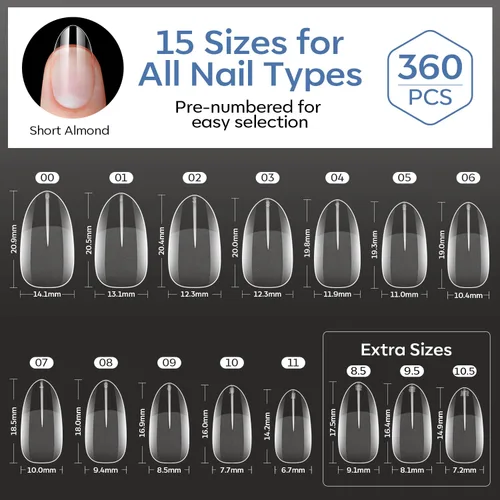 Vista 7 de modelones Puntas de uñas cortas de almendra, 360 piezas pre-grabadas al ácido, uñas postizas transparentes suaves de presión, cobertura completa