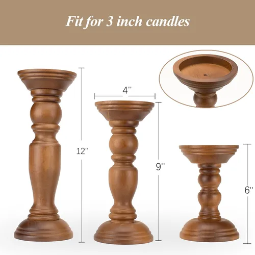 Vista 5 de Juego de 3 portavelas de pilar de madera rústica de 12, 9 y 6 pulgadas, portavelas de madera rústica para centros de mesa, candelabros altos
